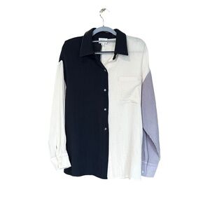 143 Story Women's Button-Up Long Sleeve Gauze Blouse Grey/Cream Med